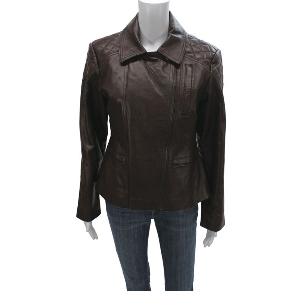 Designer Women Quilted Leather Motorcycle Jacket Brown Collared Zip Size L